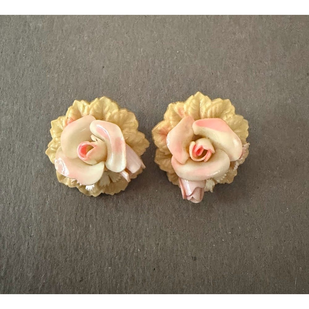 Vintage Celluloid Rose Clip On Earrings Cream Pink Floral 1950s Retro Jewelry